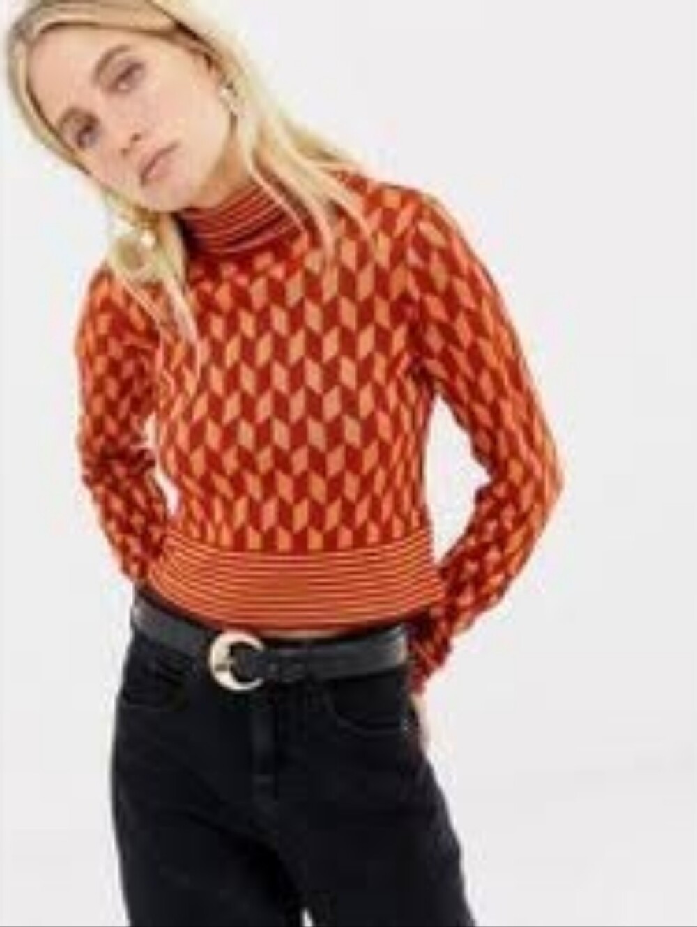 ASOS Geometric Checker Stripe Print Crop Turtleneck Orange Red Size US 4